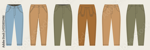Trousers icon set with various fabrics and styles – Ideal for textile guides, fashion content, or wardrobe planning apps