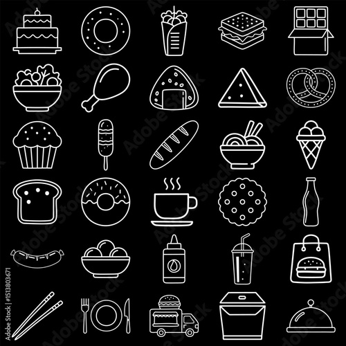 Set of line icons of fast food and drinks on black background.