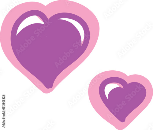 Two purple hearts of different shapes with pink outlines. Hand drawn. Doodle sketch heart shape.
