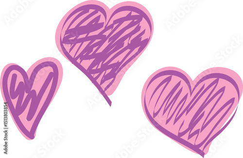 Hearts made from outlines hand drawn with curved purple lines and colored with a pink brush. Doodle sketch heart shape.