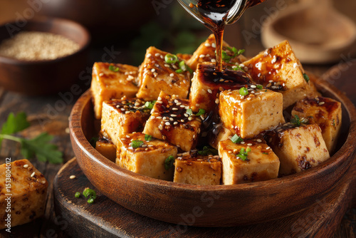 Tofu cubes with soy glaze drizzle and sesame seeds in wooden bowl