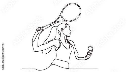Continuous one single minimal line drawing woman tennis player