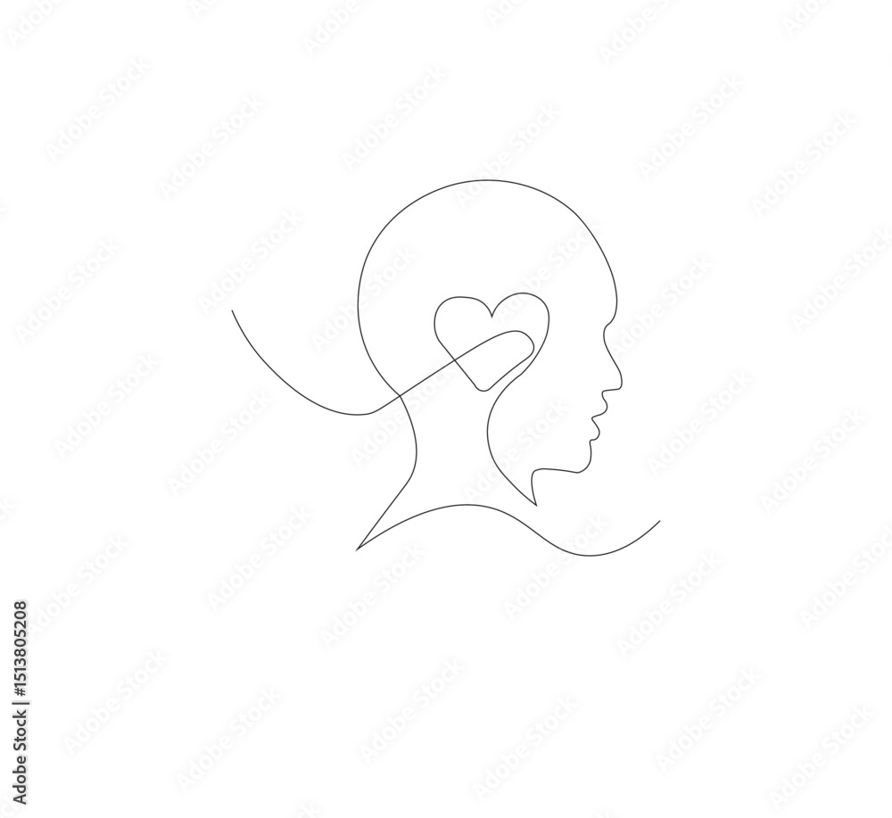Continuous line drawing of human head with heart. Vector illustration Continuous line drawing of human head with heart. Vector illustration