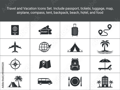 Travel Icons Set. Vacation Icons. Include passport, tickets, luggage, map, airplane, compass,
tent, backpack, beach, hotel, and food. Travel icon, flat icon, solid icon, tourism icons