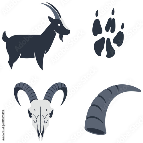 Image featuring a goat tracks skull  horn a design or illustration
