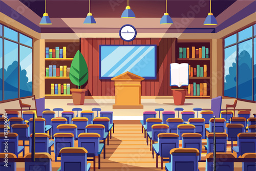 Cartoon illustration of a bright auditorium or lecture hall with rows of blue chairs