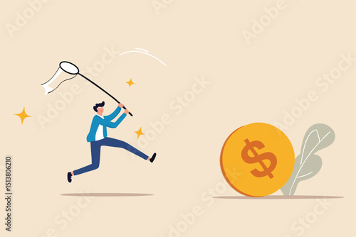 Chasing high performance active mutual fund, buying rising star stock or funds, catch or grab hot ETFs concept, businessman investor run chasing try to catch high performance attractive dollar coin.