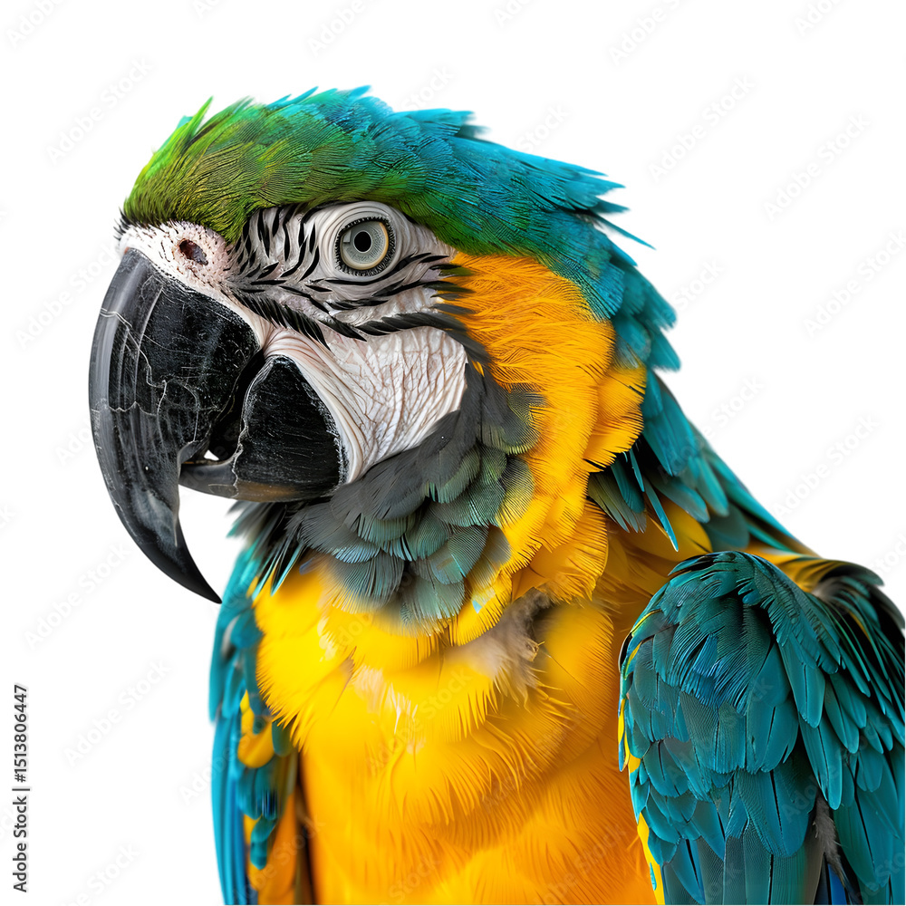 Fototapeta premium Close-up portrait of a vibrant macaw parrot showcasing its colorful feathers against a plain background