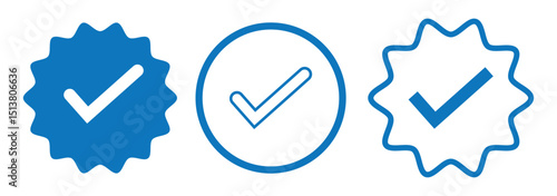 Blue tick icon on light background. Chek mark, approved profile sign. Verified account concept. Social network.  eps 10 