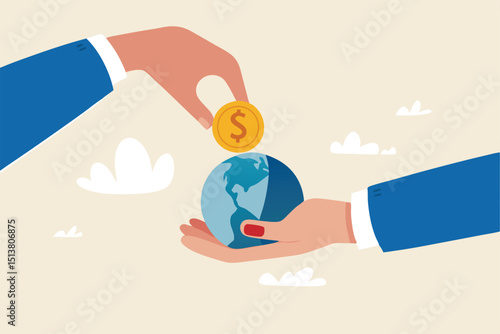 International economy, global investment, financial opportunity around the world, developed market and emerging markets concept, businessman investor hand put dollar coin money into globe coin bank.