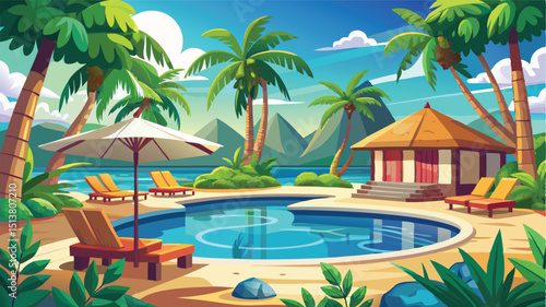 Tropical Island Resort Pool Vector Design with Lounge Chairs, Vacation Luxury Illustration	