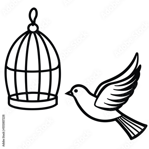 A bird flies away from an open cage outdoors freely.