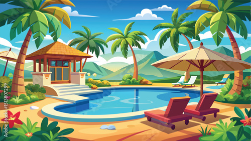 Tropical Island Resort Pool Vector Design with Lounge Chairs, Vacation Luxury Illustration	