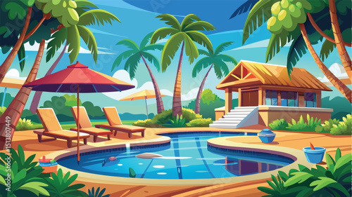 Tropical Island Resort Pool Vector Design with Lounge Chairs, Vacation Luxury Illustration	