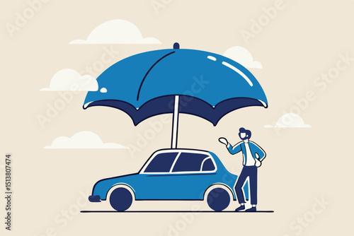 Car insurance, accident protection for vehicle, safety or assurance service concept, businessman car owner or insurance agent stand with new car under strong umbrella protection shield.