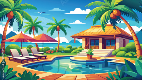 Tropical Island Resort Pool Vector Design with Lounge Chairs, Vacation Luxury Illustration	