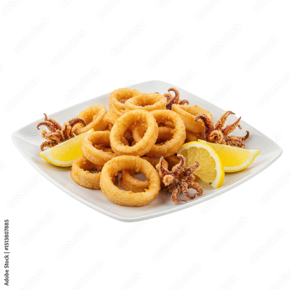 Crispy fried calamari rings served on a white plate with lemon slices, garnished Crispy fried calamari rings served on a white plate with lemon slices, garnished