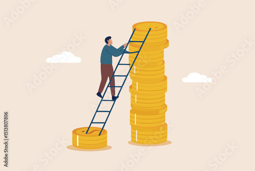 Wage, income or salary increase, investment profit rising up, wealth management for higher return concept, success businessman investor climbing up ladder from low dollar money stack to the higher one