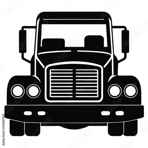 A black silhouette of a large truck's front end facing forward on road