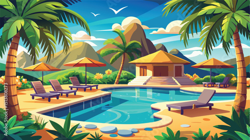 Tropical Island Resort Pool Vector Design with Lounge Chairs, Vacation Luxury Illustration	