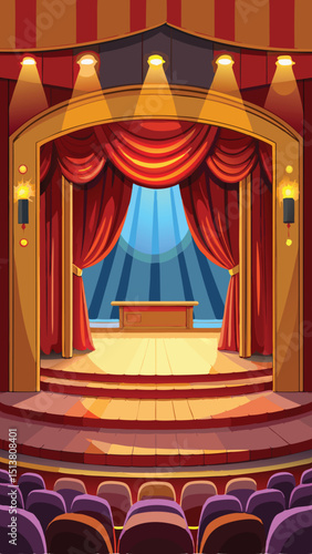 Cartoon illustration of a vibrant stage with red curtains spotlights and empty audience seats