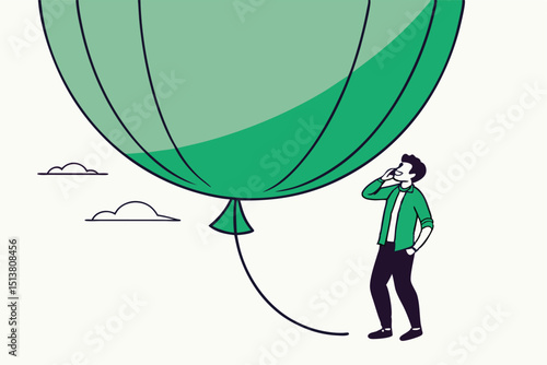 Stock market, crypto currency bitcoin bubble, risk of speculation investment, big debt balloon ready to burst concept, fearful businessman investor standing under huge big air balloon bubble.
