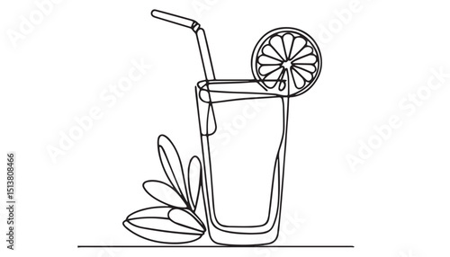 Continuous one single minimal line drawing glass of orange juice
