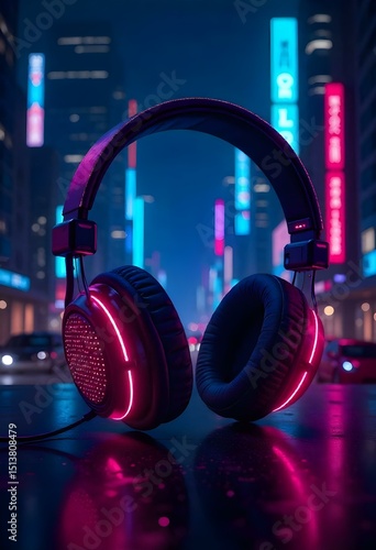 A 3D headphone in a neon background