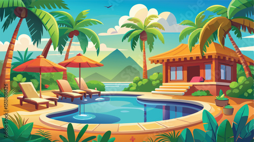 Tropical Island Resort Pool Vector Design with Lounge Chairs, Vacation Luxury Illustration	