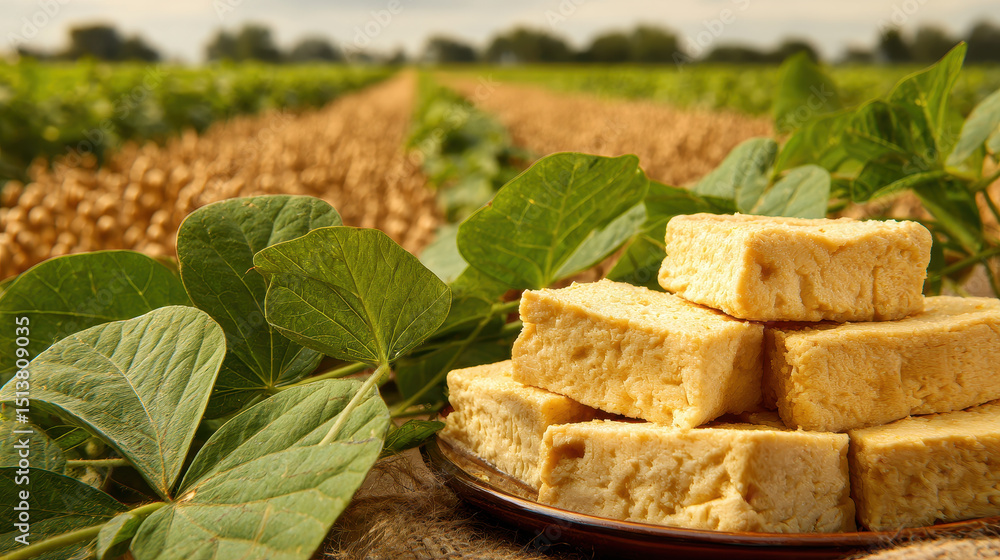 Tofu dish with soybean field in background, showcasing fresh produce Tofu dish with soybean field in background, showcasing fresh produce
