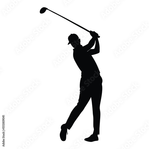 A golfer swings a club in a powerful stance on a golf course