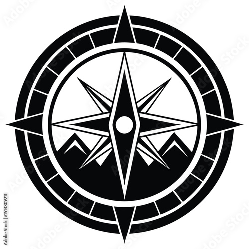 Detailed illustration of a compass rose with mountains in background