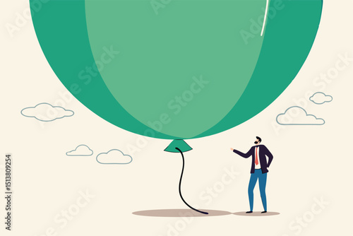 Stock market, crypto currency bitcoin bubble, risk of speculation investment, big debt balloon ready to burst concept, fearful businessman investor standing under huge big air balloon bubble.