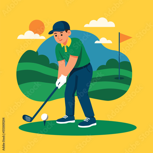 Young Man Playing Golf – Flat Style Vector Illustration on Yellow Background