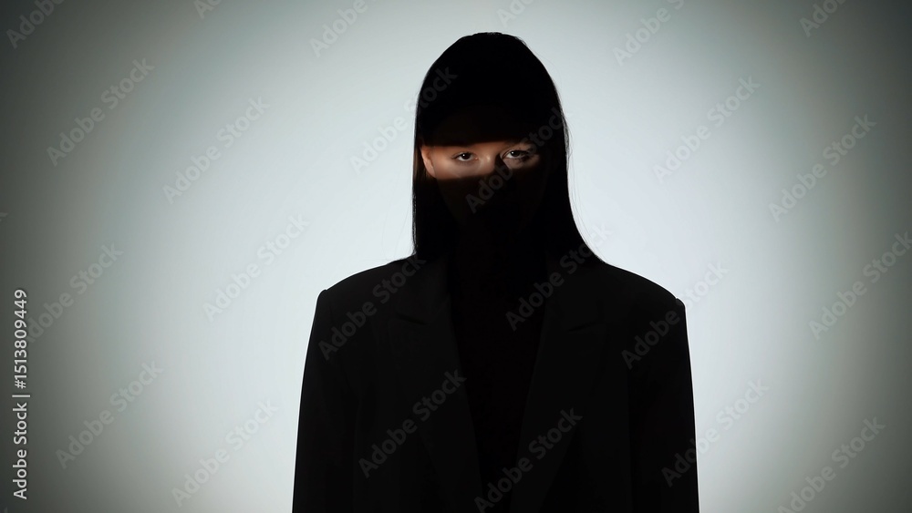 Dramatic Portrait of Woman in Shadow and Light Beam Dramatic Portrait of Woman in Shadow and Light Beam