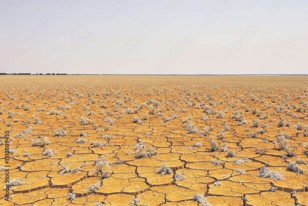 Fototapeta premium Cracked Earth and Sparse Vegetation Under a Bleak, Overcast Sky