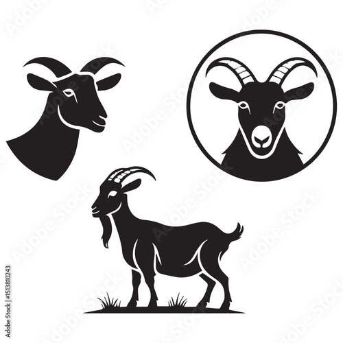 Three black goat illustrations two headshots one full body against a white background