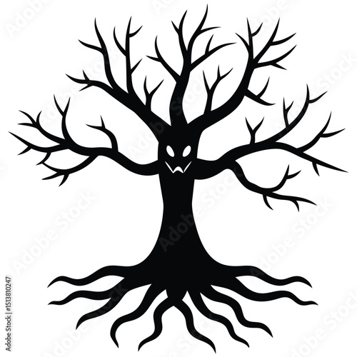 A spooky tree with glowing eyes and bare branches stands eerily.