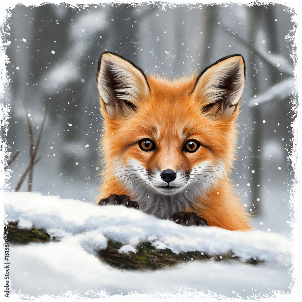 Obraz premium Adorable Baby Fox Peeking – Watercolor Woodland Animal Art