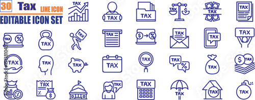 Tax icon set. Interest rate, tax return, vat, tariff, personal tax, collection. 