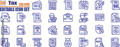 Tax icon set. Interest rate, tax return, vat, tariff, personal tax, collection. 