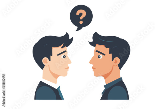 Two Men Facing Each Other with a Question Mark, Illustrating Uncertainty, Decision-Making, or Problem-Solving