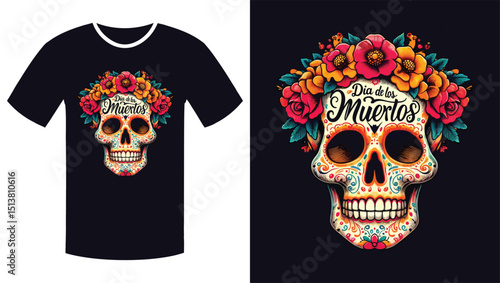 Floral Skull with Vibrant Orange Script: A Día de los Muertos Illustration T Shirt