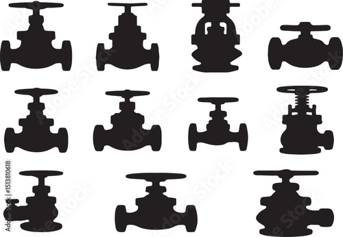 Silhouette Set of Industrial Valves for Pipe Systems.