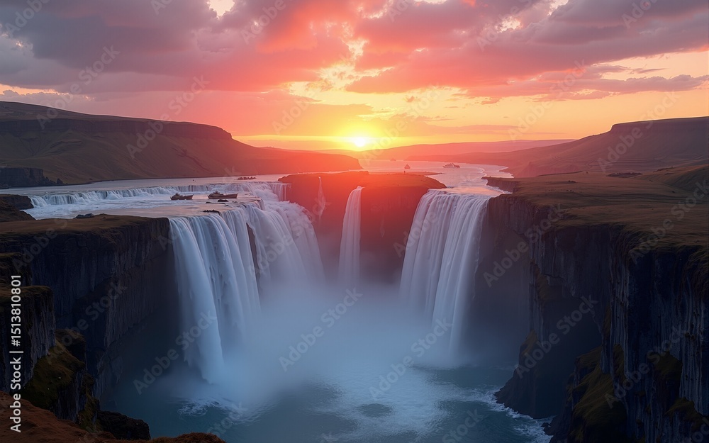 Fototapeta premium Serene Sunset Landscape with Cascading Waterfalls and Cliffs. High quality