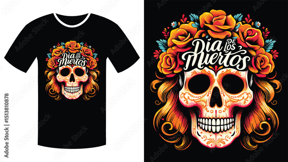 Fototapeta premium Floral Skull with Vibrant Orange Script: A Día de los Muertos Illustration T Shirt