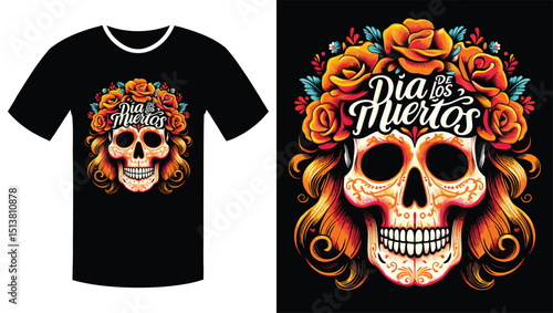 Floral Skull with Vibrant Orange Script: A Día de los Muertos Illustration T Shirt