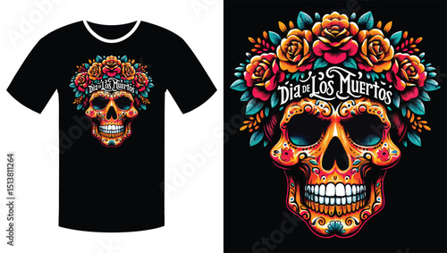 Floral Skull with Vibrant Orange Script: A Día de los Muertos Illustration T Shirt
