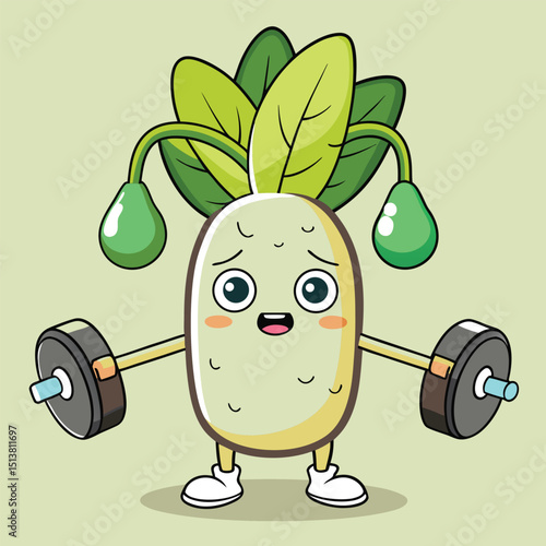 Cartoon radish character with weights symbolizing fitness and healthy lifestyle concept
