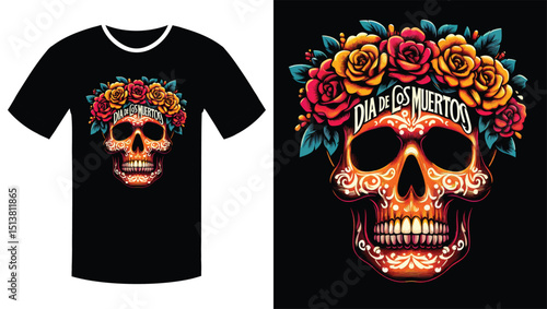 Floral Skull with Vibrant Orange Script: A Día de los Muertos Illustration T Shirt